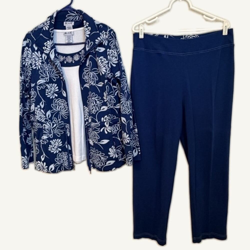 Blair Women's L Navy & White Floral 3-Piece Set - Jacket, Top & Pants